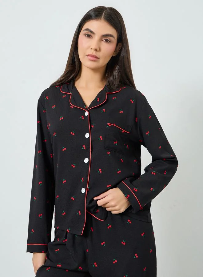 Take Two  Black Cherry Print Shirt and Pyjama Set for Women | Best Price UAE