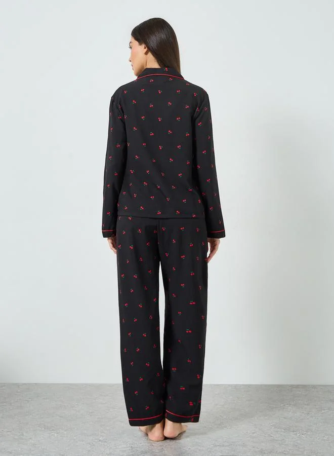 Take Two  Black Cherry Print Shirt and Pyjama Set for Women | Best Price UAE