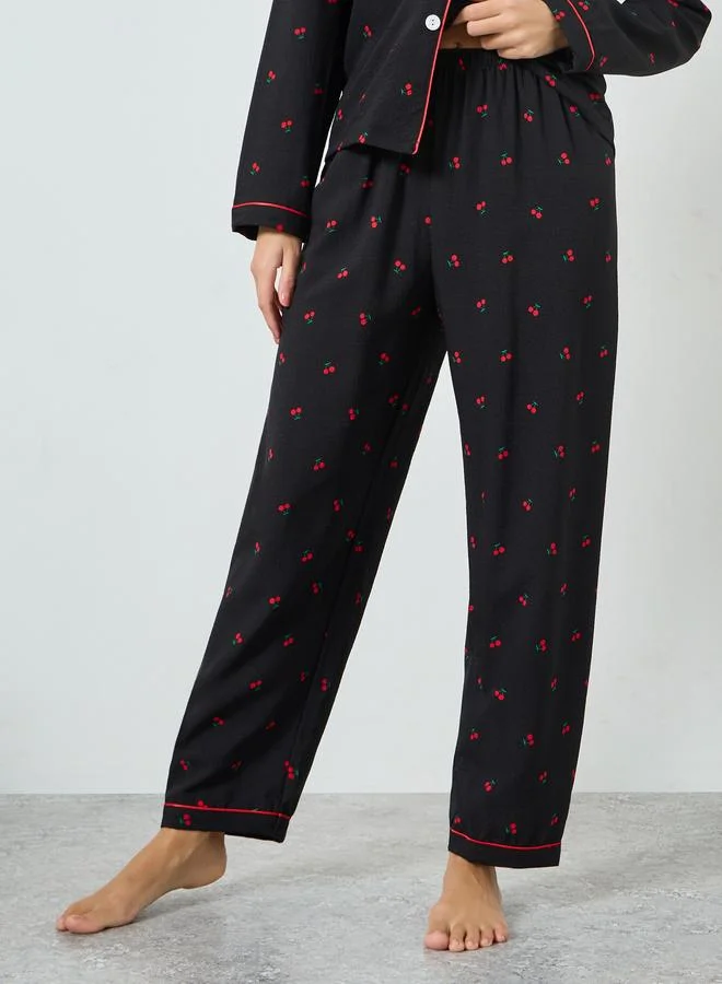 Take Two  Black Cherry Print Shirt and Pyjama Set for Women | Best Price UAE