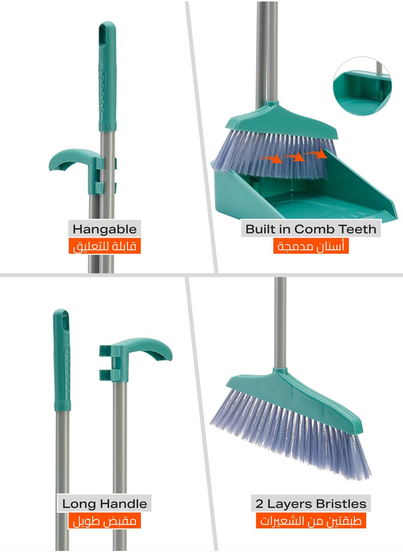 Dustpan and Broom Set -Green- Lightweight Plastic Cleaning Tools with Ergonomic Handle and Sturdy Bristles for Efficient Dust Collection - Ideal for Household, Kitchen, and Office Cleaning