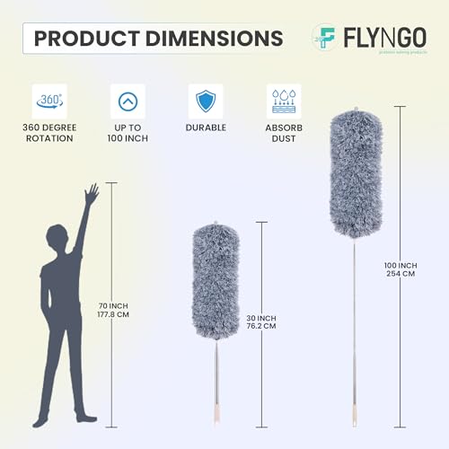 FLYNGO Microfiber Feather Duster Bendable & Extendable Fan Cleaning Duster with 100 inches Expandable Pole Handle Washable Duster for High Ceiling Fans, Window Blinds, Furniture (Grey) - Image 2