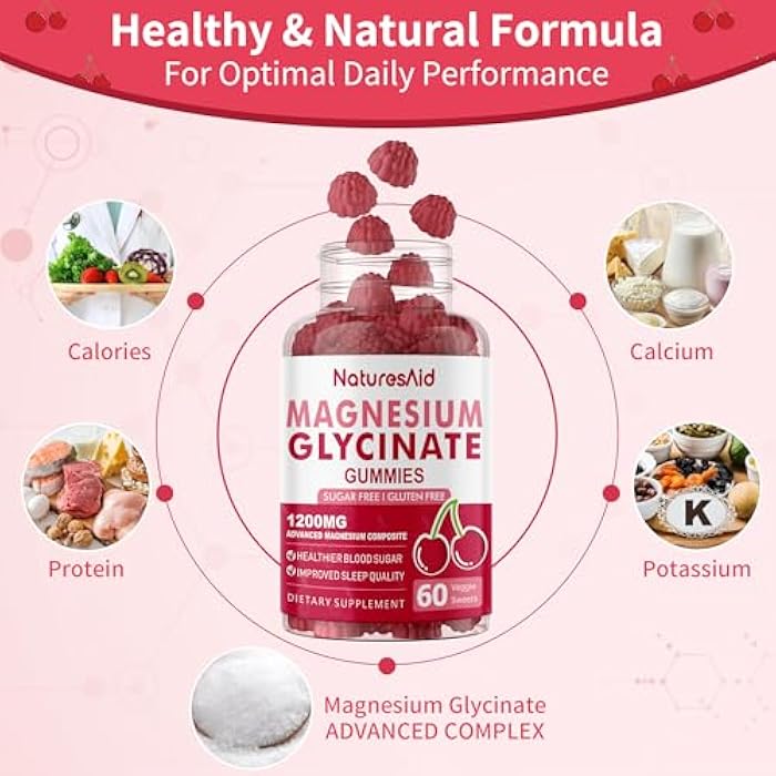 Natures Aid Magnesium Glycinate Gummies 1000mg - Sugar Free Magnesium Potassium Supplement with Vitamin D, B6, CoQ10 for Calm Mood & Sleep Support - 120 Cherry Gummies -2 Pack - Image 2