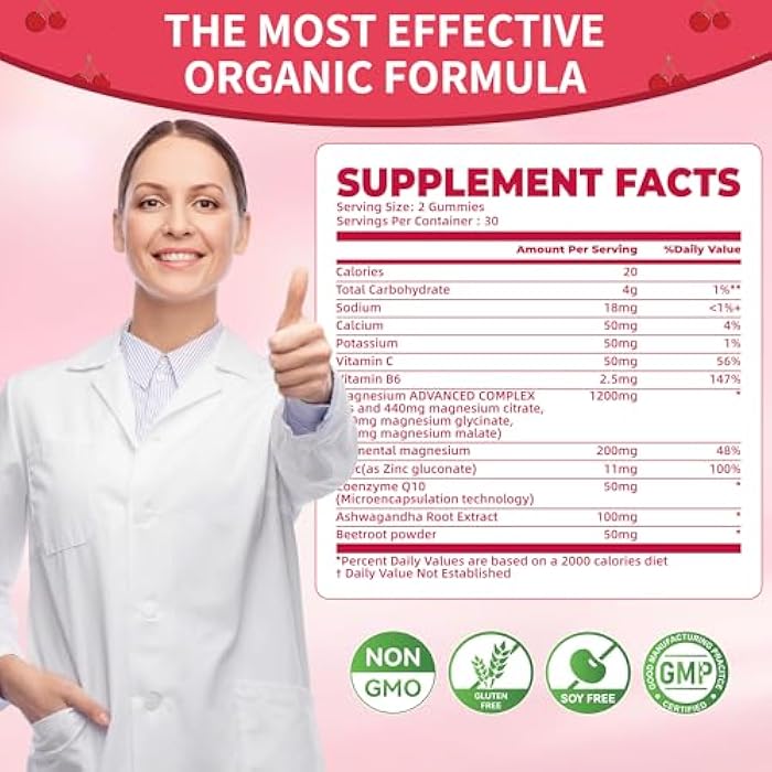 Natures Aid Magnesium Glycinate Gummies 1000mg - Sugar Free Magnesium Potassium Supplement with Vitamin D, B6, CoQ10 for Calm Mood & Sleep Support - 120 Cherry Gummies -2 Pack - Image 4