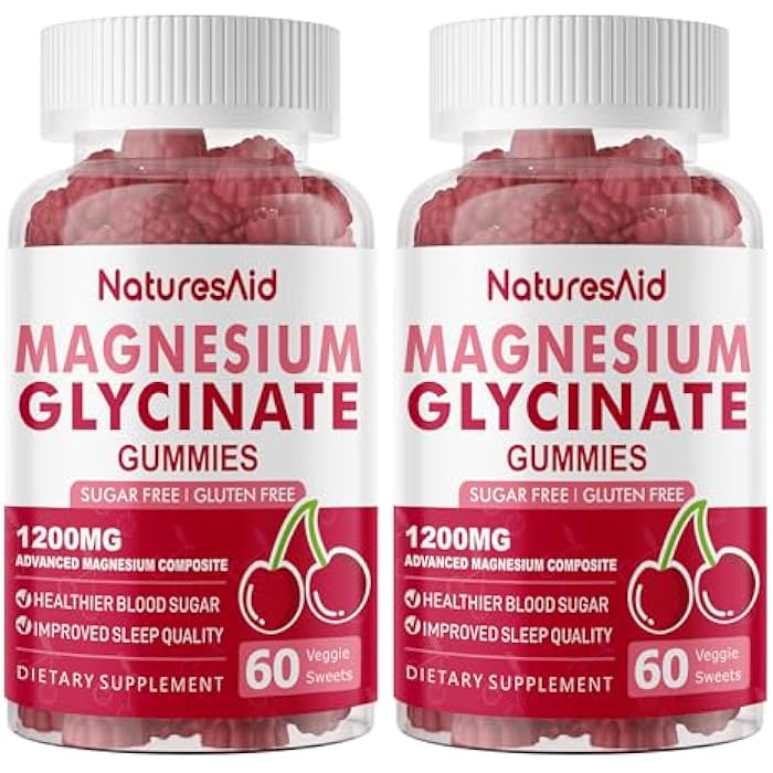 Natures Aid Magnesium Glycinate Gummies 1000mg - Sugar Free Magnesium Potassium Supplement with Vitamin D, B6, CoQ10 for Calm Mood & Sleep Support - 120 Cherry Gummies -2 Pack - Image 1