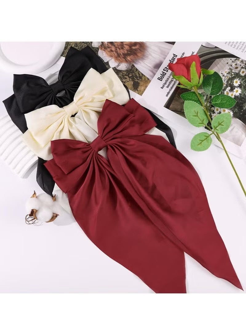 3 PCS Big Bow Hair Clips with Long Silky Satin, Long Tail French Hair Bows for Women Girl, Bow Hair Dress up Accessories for Party/Show/Wedding (White+black+red) - Image 2