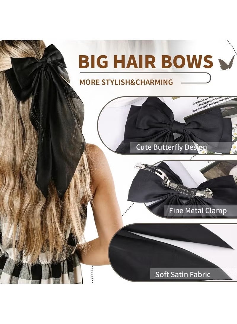 3 PCS Big Bow Hair Clips with Long Silky Satin, Long Tail French Hair Bows for Women Girl, Bow Hair Dress up Accessories for Party/Show/Wedding (White+black+red) - Image 3