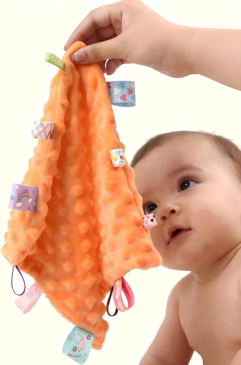 CREVENT Tag Security Blankets for Babies, Soft Small Loveys for Boys, Baby Comforter Sensory Blanket, Great Gifts for Birthday Baby Shower - 10"X10" Green + Orange - Image 4