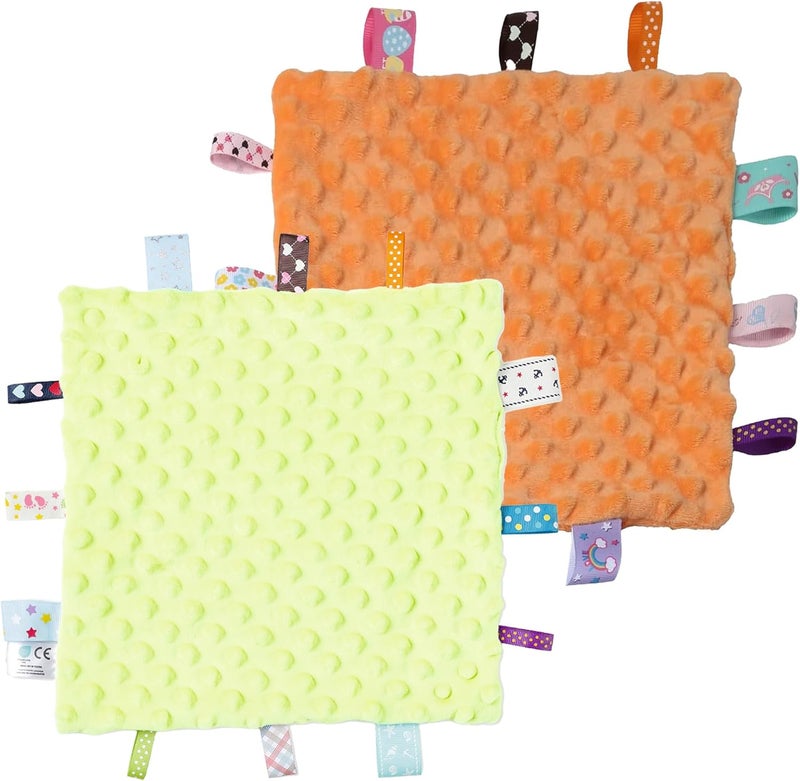 CREVENT Tag Security Blankets for Babies, Soft Small Loveys for Boys, Baby Comforter Sensory Blanket, Great Gifts for Birthday Baby Shower - 10"X10" Green + Orange - Image 1