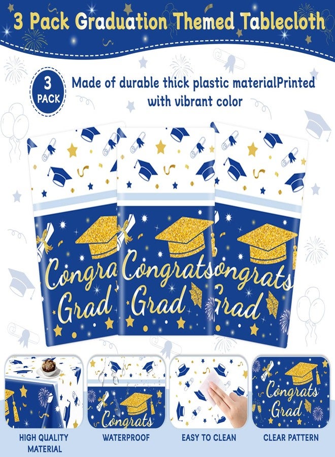 MEIDUO 2026 Graduation Tablecloth, 3-Pack - 54" x 108" Blue and Gold Congrats Grad Disposable Plastic Table Covers for College/High School Class of 2026 Graduation Party Decorations Supplies. - Image 2