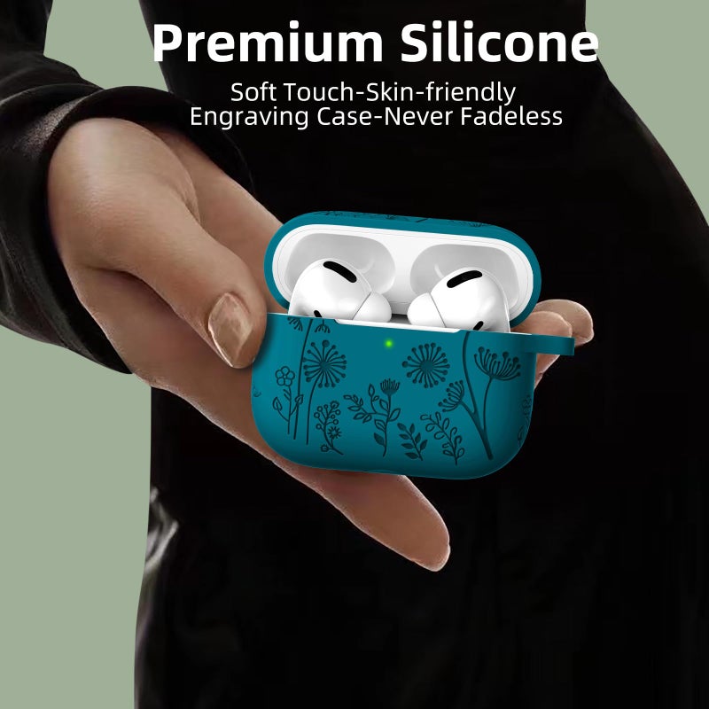 Lerobo Flower Engraved for Airpods Pro/Airpod Pro 2 Case, Cute Soft Silicone Skin Full Protective Cover Compatible with Apple Airpods Pro 2nd Generation Case/1st Generation with Keychain - Image 4