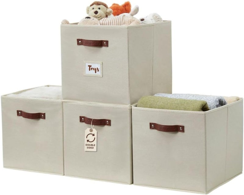 DECOMOMO Storage Baskets, 13x15x13 Storage Cube Bins with Labels for Organizing Shelves Kallax (Kallax / 4pcs, Beige) - Image 1