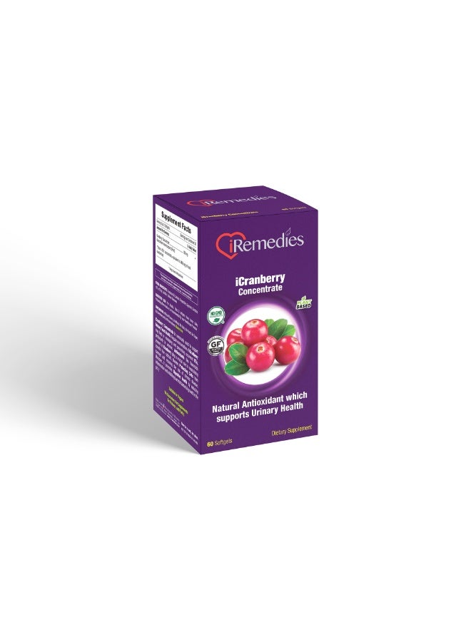 iRemedies iCranberry Concentrate 168 mg – Urinary Tract & Bladder Support - 60 Softgels - Image 2