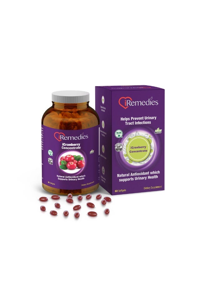 iRemedies iCranberry Concentrate 168 mg – Urinary Tract & Bladder Support - 60 Softgels - Image 1