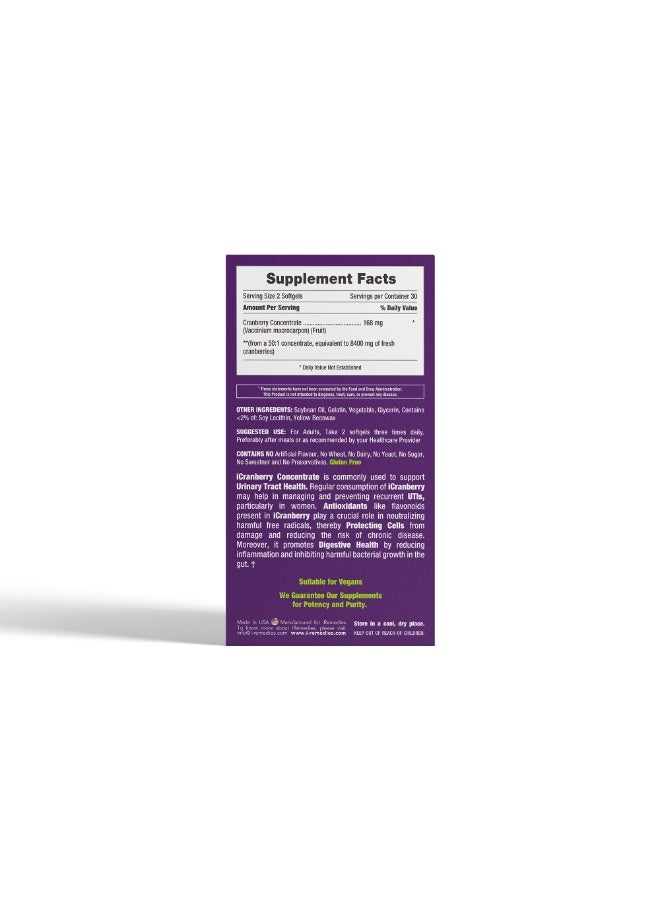iRemedies iCranberry Concentrate 168 mg – Urinary Tract & Bladder Support - 60 Softgels - Image 4