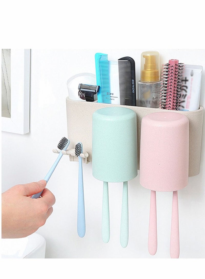 ECOCO Houseware Wall-mounted Floating Perforation-free Punch-free Toothbrush Toothpaste Holder Rack Caddy Box Cover Storage Set Toiletries Organizer with Three Cups for Bathroom