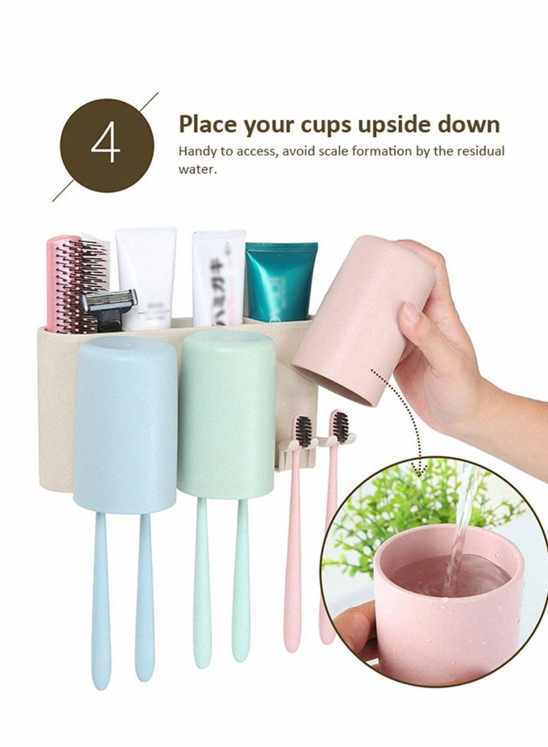 ECOCO Houseware Wall-mounted Floating Perforation-free Punch-free Toothbrush Toothpaste Holder Rack Caddy Box Cover Storage Set Toiletries Organizer with Three Cups for Bathroom