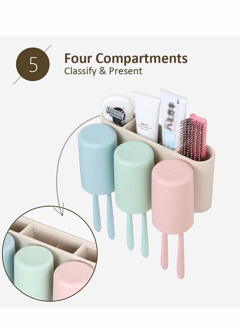 ECOCO Houseware Wall-mounted Floating Perforation-free Punch-free Toothbrush Toothpaste Holder Rack Caddy Box Cover Storage Set Toiletries Organizer with Three Cups for Bathroom