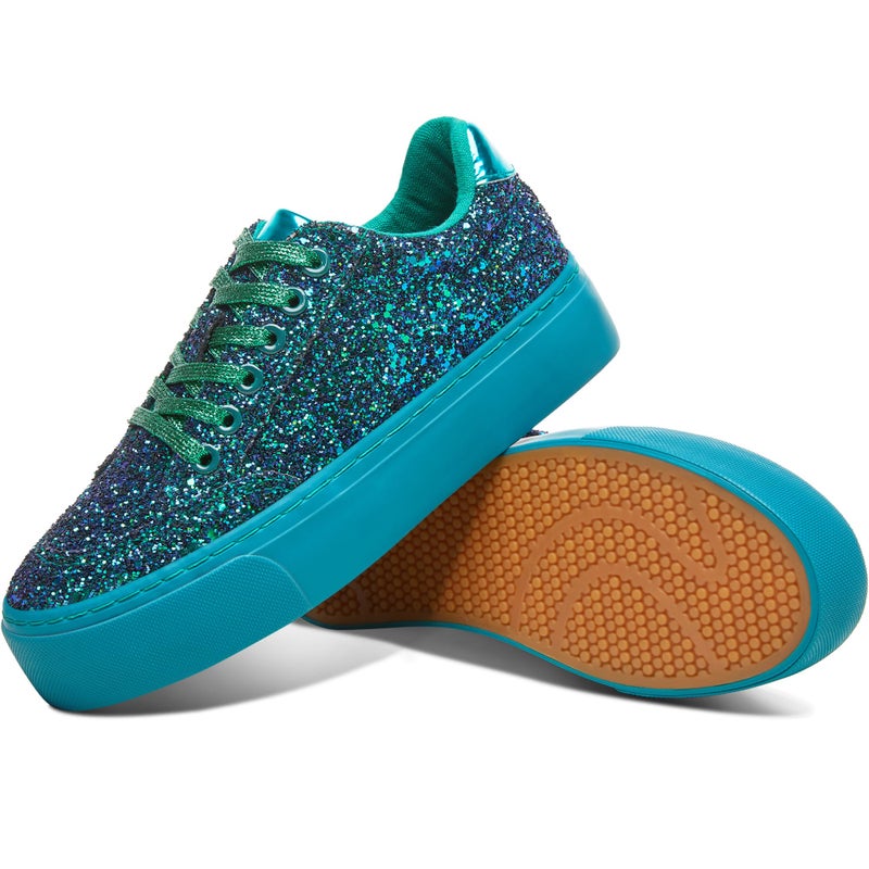 Jeekopeg Glitter Platform Sneakers Women Casual Sequin Sparkly Shoes Bling Thick Sole Walking Shoes Shiny Sequin Wedding Sneakers for Lady(Green Glitter,US8) - Image 1