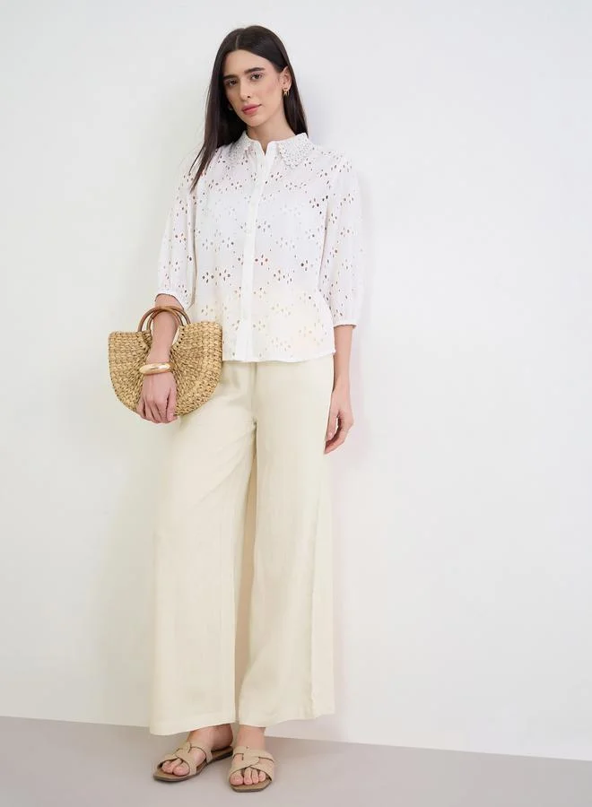 Styli Off White Floral Embroidered Shirt with Lace Collar