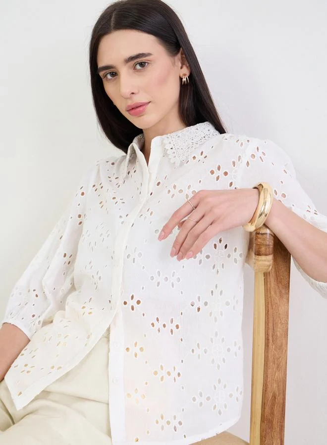 Styli Off White Floral Embroidered Shirt with Lace Collar