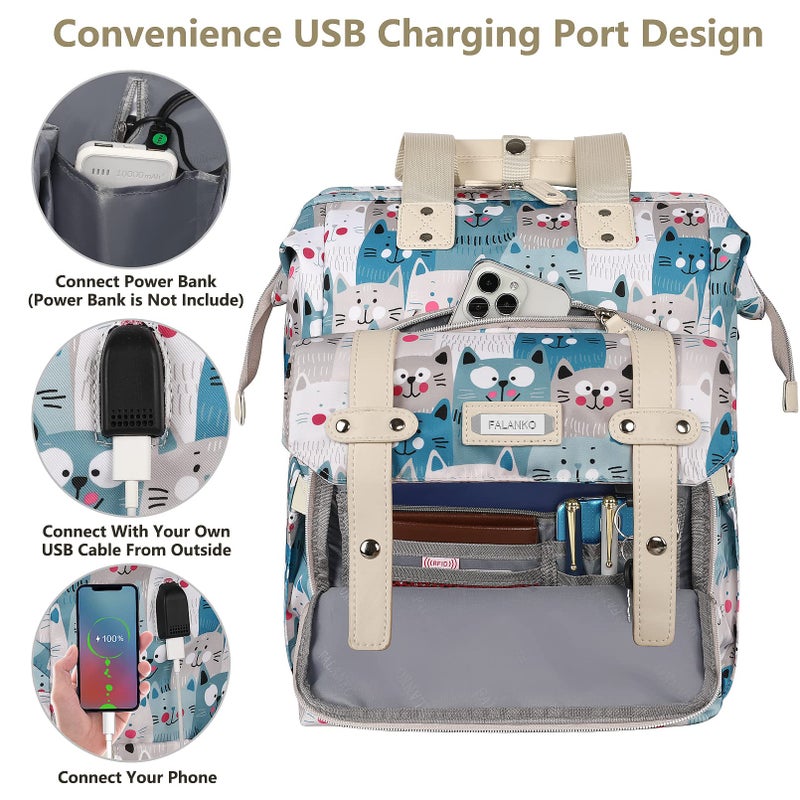FALANKO Laptop Backpack for Women,Teacher Doctor Nurse Work Purse Bag for 15.6 Inch Laptop,Cute Cartoon Pattern backpack With USB Charging Port RFID Anti Theft Pocket, Large Travel Bookbag for Women - Image 3