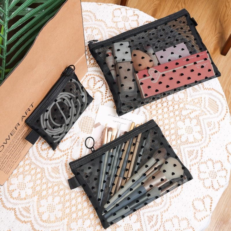 Mesh Makeup Bag 6-Piece Black Heart Print - Durable Lightweight Mesh Pouch for Travel Home Purse Organization - Image 3