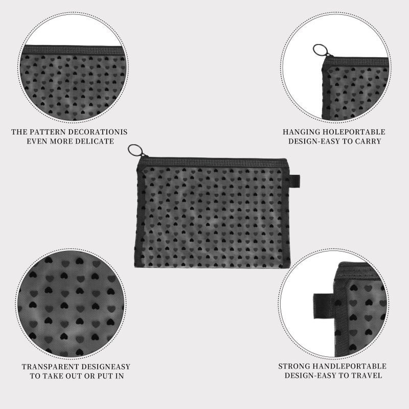 Mesh Makeup Bag 6-Piece Black Heart Print - Durable Lightweight Mesh Pouch for Travel Home Purse Organization - Image 5