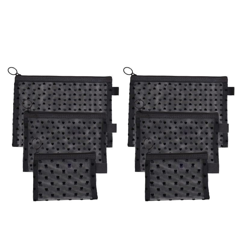 Mesh Makeup Bag 6-Piece Black Heart Print - Durable Lightweight Mesh Pouch for Travel Home Purse Organization - Image 1