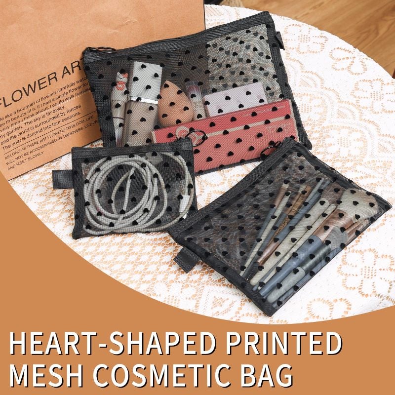 Mesh Makeup Bag 6-Piece Black Heart Print - Durable Lightweight Mesh Pouch for Travel Home Purse Organization - Image 4