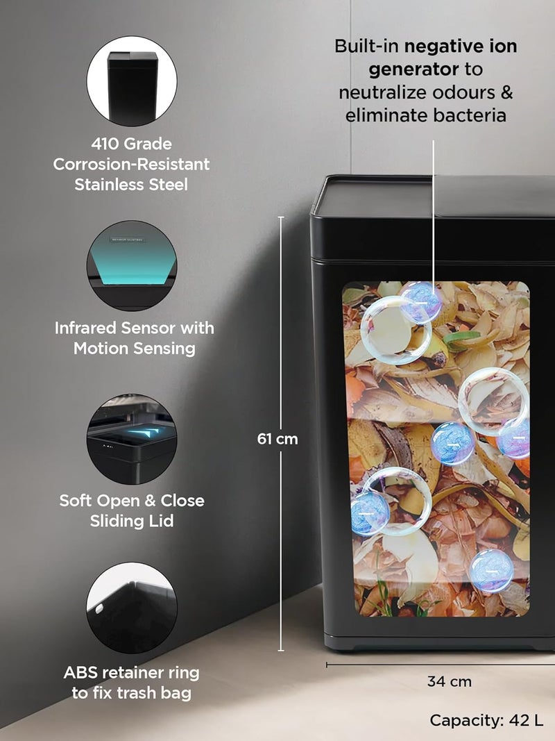 UMAI 42L Dustbin For Kitchen | Dustbin For Bathroom | 61cm Automatic Smart Sensor Dustbin For Bedroom | Steel Dustbin With Lid | Hands Free Access | Dustbin For Office | Garbage Bin - Black - Image 3