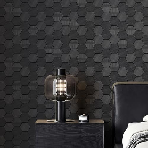 Simon&Siff Black Textured Wallpaper 3D Embossed Hexagon Geometric Wallpaper 17.3in x 39.4ft Non Woven Traditional Wallpaper for Bedroom Bathroom Textured Walls in The Bathroom (Non-Pasted) - Image 1