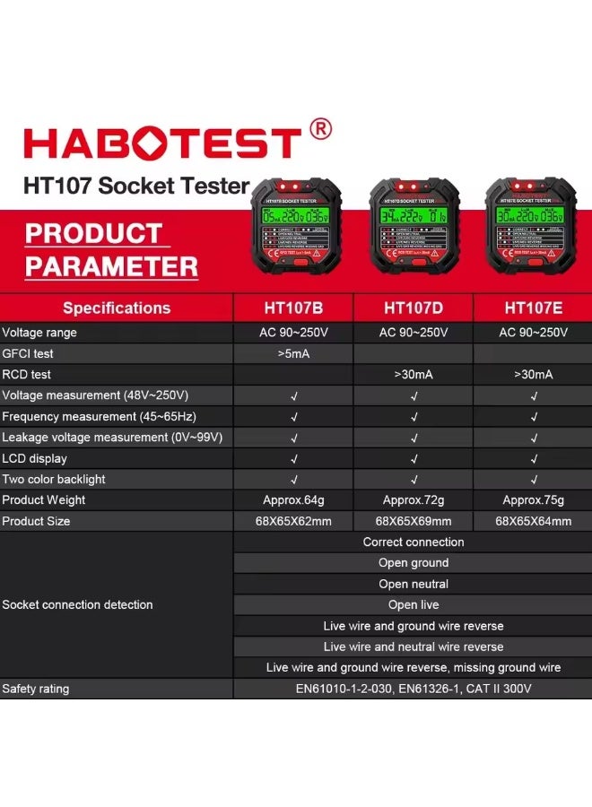 هابوتيست جهاز اختبار المقابس HABOTEST HT107 Pro، كاشف الجهد، قابس أوروبي، تأريض، خط صفري، قطبية القابس، فحص الطور - Image 3