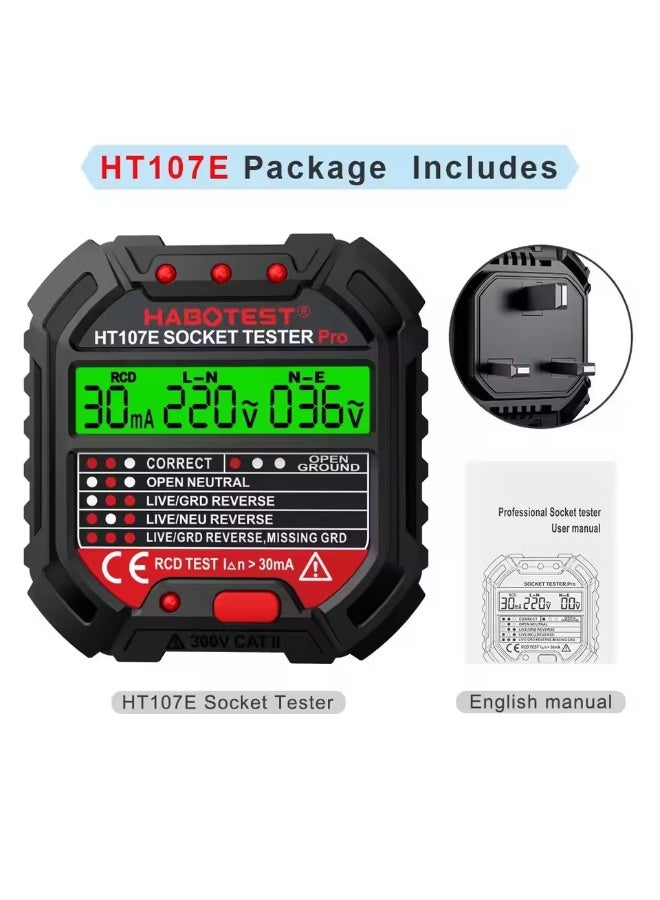 هابوتيست جهاز اختبار المقابس HABOTEST HT107 Pro، كاشف الجهد، قابس أوروبي، تأريض، خط صفري، قطبية القابس، فحص الطور - Image 1