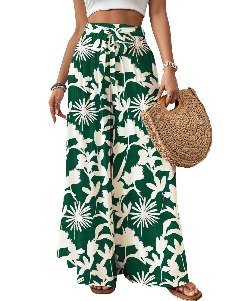 Bsubseach Wide Leg Pants Woman Flowy Floral Palazzo Pants for Women High Waisted Summer Casual Trousers Cruise Outfits Dark Green - Image 1