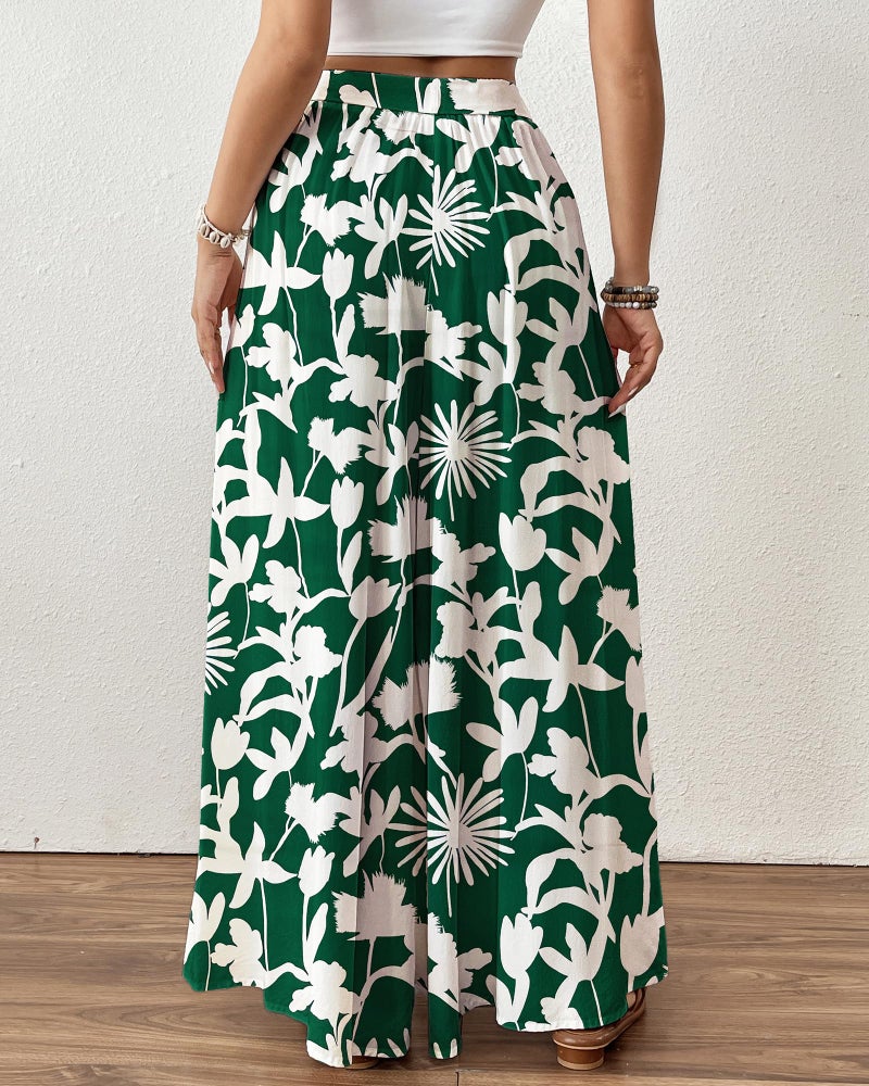Bsubseach Wide Leg Pants Woman Flowy Floral Palazzo Pants for Women High Waisted Summer Casual Trousers Cruise Outfits Dark Green - Image 5