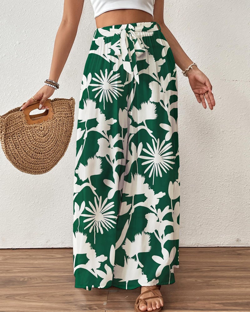 Bsubseach Wide Leg Pants Woman Flowy Floral Palazzo Pants for Women High Waisted Summer Casual Trousers Cruise Outfits Dark Green - Image 2