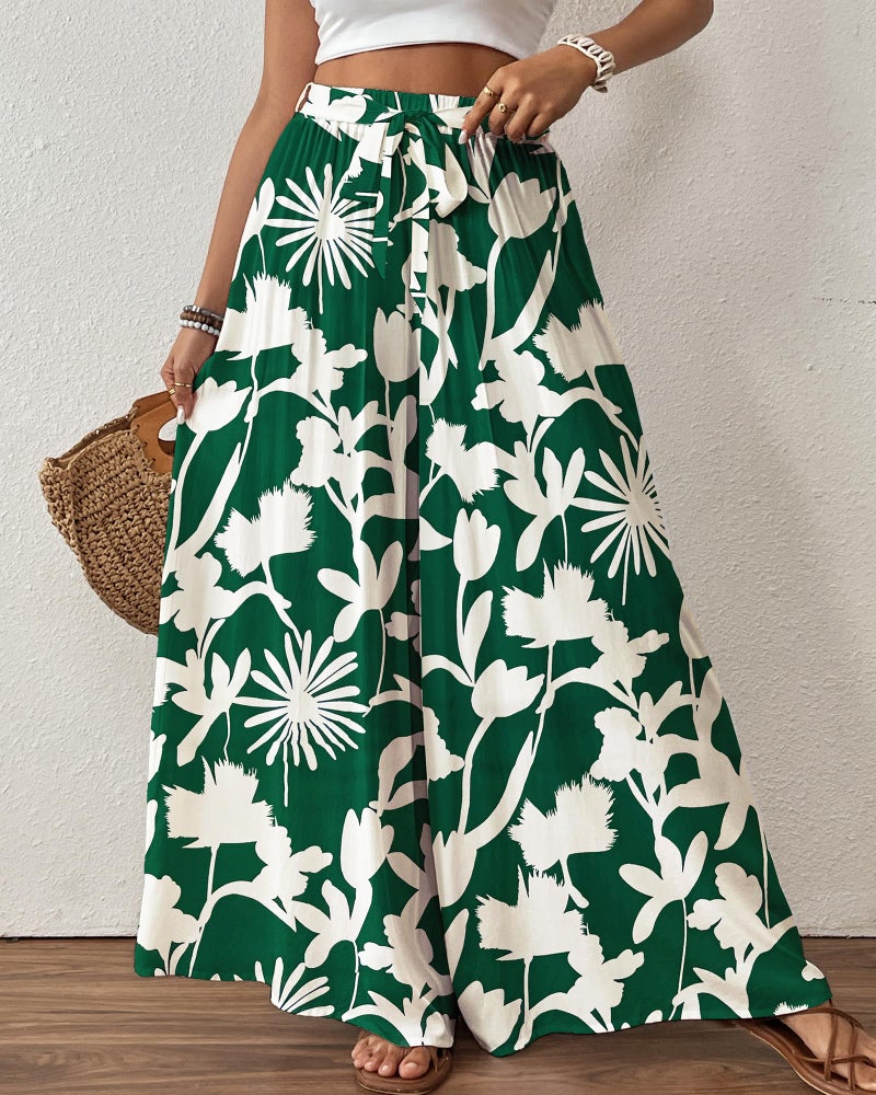 Bsubseach Wide Leg Pants Woman Flowy Floral Palazzo Pants for Women High Waisted Summer Casual Trousers Cruise Outfits Dark Green - Image 4