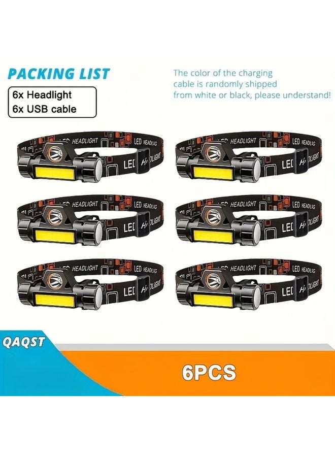 6 قطع مصباح أمامي LED قابل للشحن عبر USB، حزام رأس قابل للتعديل، خفيف الوزن، إضاءة بدون استخدام اليدين - Image 1