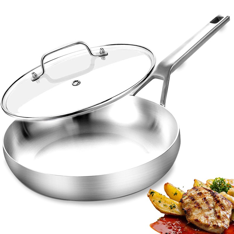 Yeksum TriPly Fully Bonded Stainless Steel 12Inch Frying Pan With Lid Up to 600 Full Clad Large Cooking Surface for Searing Induction Ready Dishwasher and Oven Safe