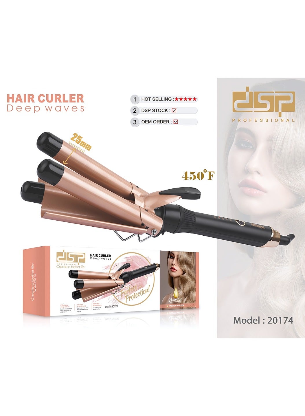 DSP Hair straightening tool | 125W | Heating tube diameter 25mm | Heat up to 450℉ in 3 minutes| 5 Setting temperature | Model 20174