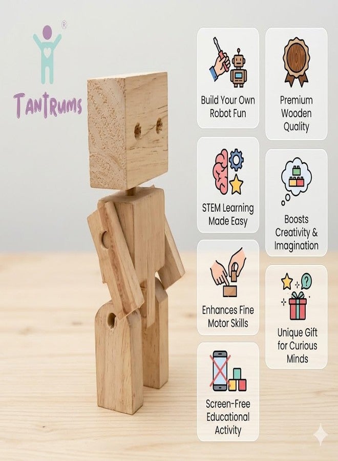 Tantrums Wooden Robot DIY Builder Kit, Natural Wood, Assembly Activity Set for Kids, Toy Figure - Image 3