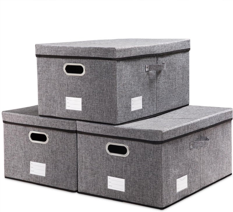 PRANDOM Storage Boxes with Lids Large,Collapsible Linen Fabric Storage Box,Decorative Bins,Really Useful Box,Clothing Storage,Stackable,58x40x30cm,Grey[3-Pack] - Image 1