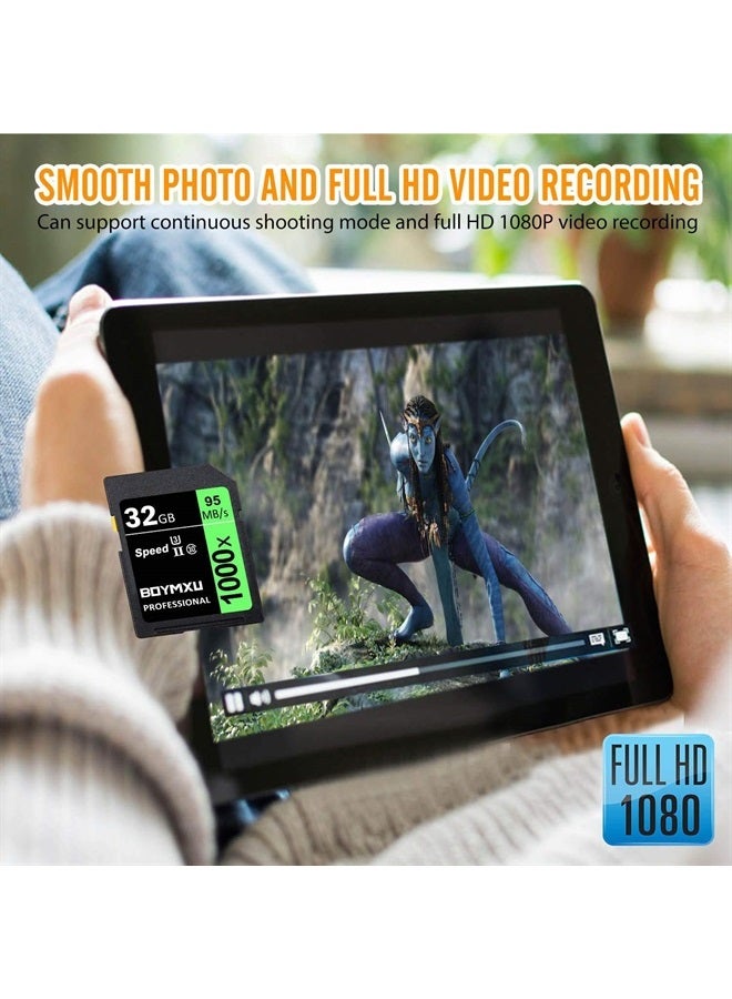32GB Memory Card U3, BOYMXU Professional 1000 x Class 10 Card U3 Memory Card Compatible Computer Cameras and Camcorders, Camera Memory Card Up to 95MB/s, Green/Black