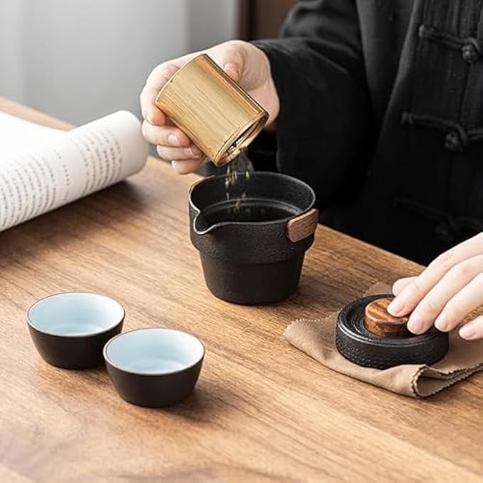 rayihni Portable Teapot Set Portable Kung Fu Tea Set Mini Traveling Chinese Ceramic Teapot With 3 Cups All In One Travel Bag Ideal For Travel Camping Picnic Black - Image 2