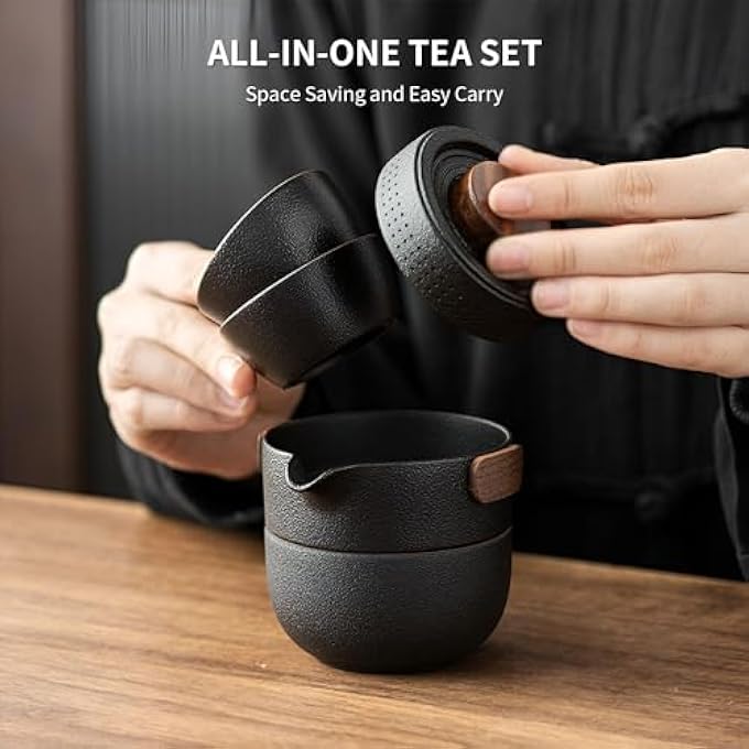 rayihni Portable Teapot Set Portable Kung Fu Tea Set Mini Traveling Chinese Ceramic Teapot With 3 Cups All In One Travel Bag Ideal For Travel Camping Picnic Black - Image 4