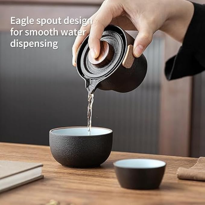 rayihni Portable Teapot Set Portable Kung Fu Tea Set Mini Traveling Chinese Ceramic Teapot With 3 Cups All In One Travel Bag Ideal For Travel Camping Picnic Black - Image 3