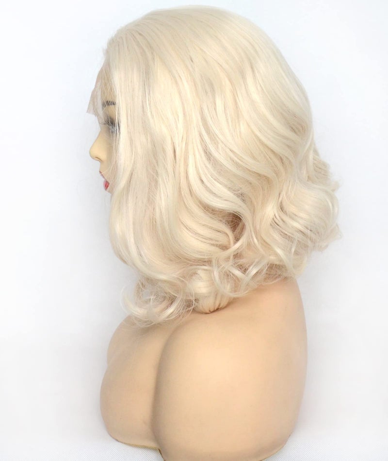 BLUPLE Platinum Blonde Lace Front Wig Short Bob Style White Blonde 60 Wavy Curly Synthetic Hair Side Part Half Hand Tied Replacement Full Wigs 12 Inches for Women Girls