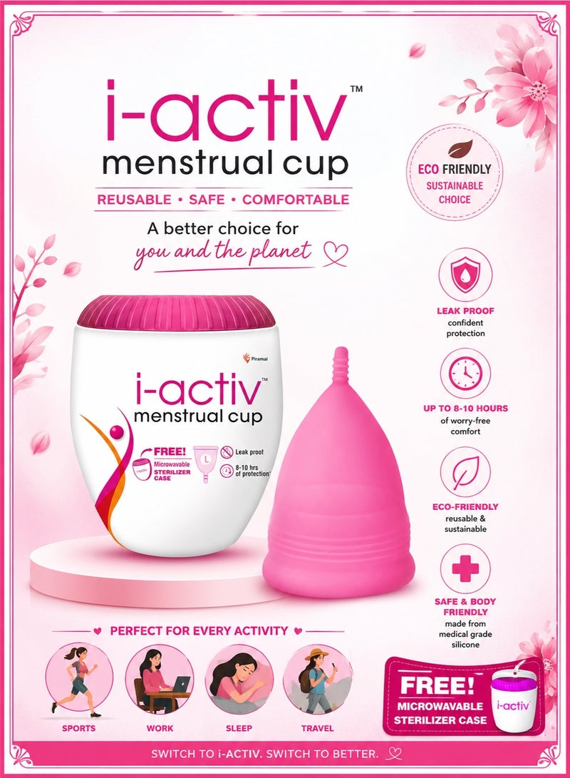 i-activ 100% Medical Grade Silicone Menstrual Cup For Women with Free Sterilizer Case Large - Image 1