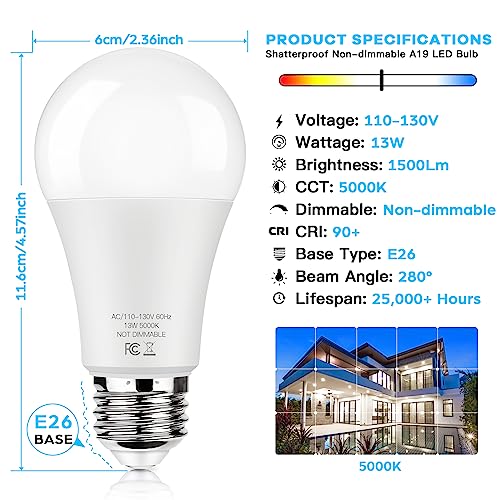 Brightever LED Light Bulbs 100W Equivalent 1500 Lumens, A19 13W 5000K Daylight White Non-Dimmable, Super Bright No Flicker Standard E26 Edison Screw Bulbs for Home, Bedroom, Office Lamp, 12-Pack - Image 4