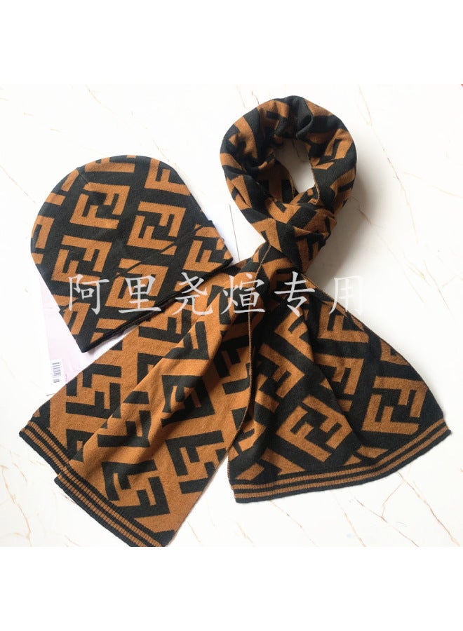 European And American Style Scarf Hat Two-piece Set Knitted Men's Wool Leather Standard Scarf Chess Plaid Warm Boys' Scarf